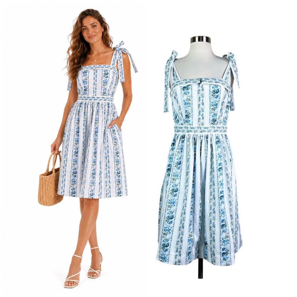 Gal Meets Glam | Arina White Blue Floral Cotton Tie Strap Fit Flare Summer Dress
